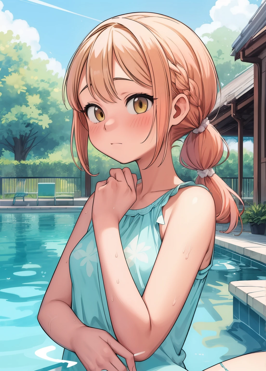(masterpiece、Highest quality、Highest quality、Official Art、Beautiful and beautiful:1.2)、(One girl:1.3)Hatsune Miku、Twin tails,Beautiful breasts,(masterpiece), (Highest quality), (Super detailed), (Xiao), Upper Body, Blushing, Sexy Looks, near the tower, Pool, Flat Chest, Yellow Eyes, short hair, Lilac and pastel orange hair, Detailed Hair, Soft braided hair, Loose ponytail, Detailed ponytail, close