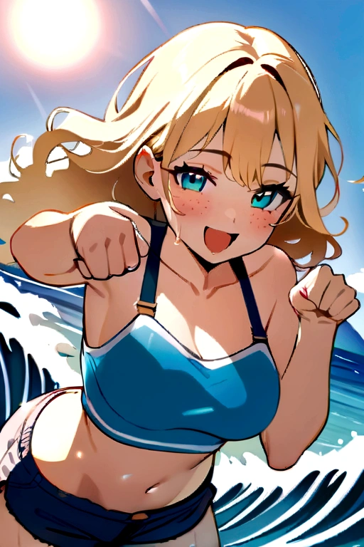 (Anime, Anime Art Style:1.2) Yuyushiki, Young Girl, 13 years old, Drenched in sweat, Smile, Swimsuit, Seaside, Sun, (looking away:1.5),Blue sky,Various movements,Various angles