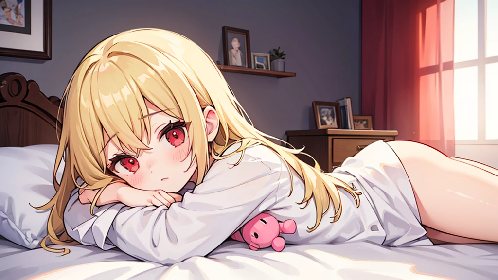 girl, bed, messy hair, (just woke up), *Rubbing my eyes), blond hair, red eyes, hugging a doll