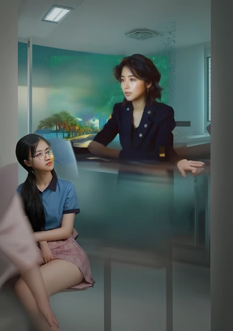 let the girl sit in a hospital and wear glasses , mắt nhìn vào màn hình