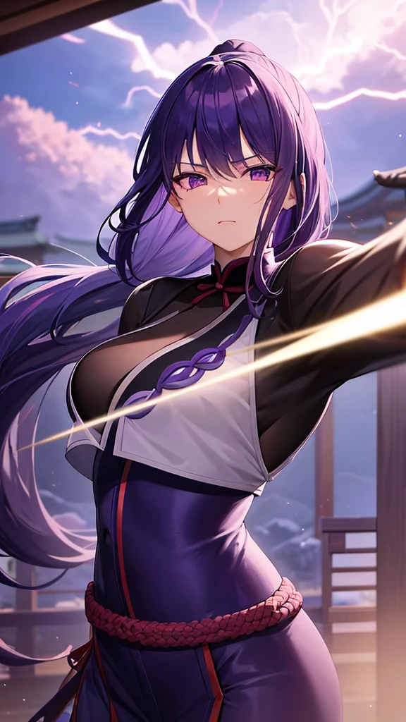 Illustrate Raiden Ei is a female character with a long ponytail and purple hair, Shogun Raiden in Genshin Impact, training in a sunny japanese dojo. With his new traditional Japanese outfit, the view should be from a moderate perspective, capturing his movement with katana sword under sunlight. No electrical lightning visible at the scene.
