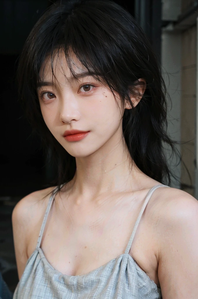 1 girl,short hair,A faint smile,serene, calm,Sportswear,thinking,Moles under the eyes,Exquisite eyes, Delicate face,Lipstick,earrings,Hair details, (Large Breasts:1.0),outdoor,background,城市background,(Skin details:1.4),(Realistic and detailed eyes:1.2), Natural skin texture, Realistic facial details,Close-up of face,Portrait Photography,(Portrait Photography:1.1), (smooth skin textures:1.3), (Highest quality real skin textures:1.4), Direct vision,Soft dramatic lighting, Vivid details, 35 mm film, (Photo Practical:1.4), (hyper Practical:1.4), (Practical:1.3), (Smoother lighting:1.05), (Improve lighting quality:0.9), (Enhance the beauty of skin texture:1.1), Depth of Field, Bokeh, Surrealism, Ray Tracing, ( Surrealism, High Detail, Chiaroscuro, Ray Tracing, reflected light, Ultra HD, Ultra HD, masterpiece, Textured Skin, Super Detail, High Detail, high quality, best quality