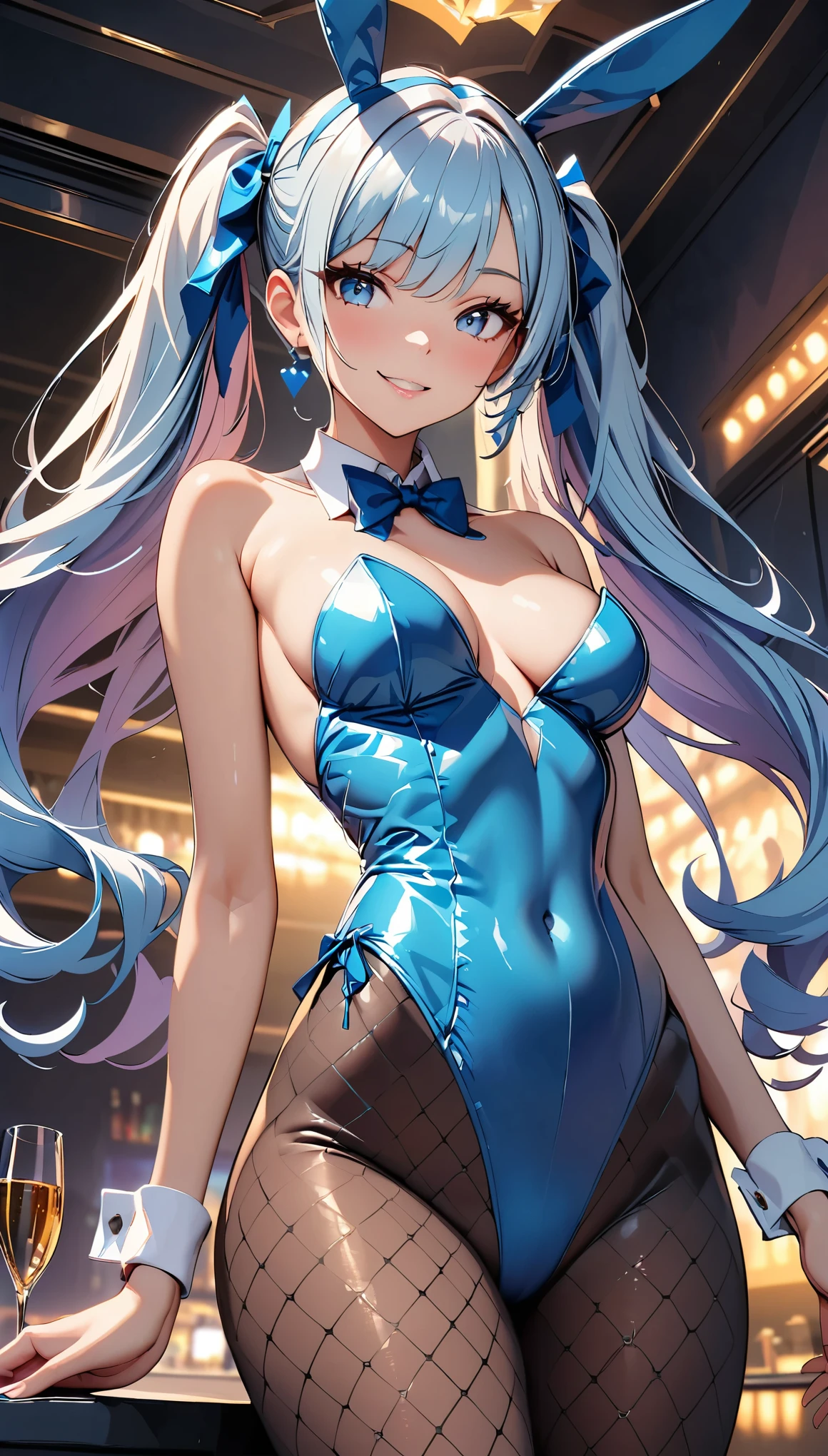 (Highest quality:1.2, High detail, masterpiece:1.2, Best aesthetics), (1 Girl), Cowboy Shot, ((Playboy Bunny, Fishnet tights:1.2, Bunny ears, ハイレグ leotard, 白leotard:1.1, leotard)), (Light blue hair, Twin tails, Asymmetrical bangs, Light blue eyes), Beautiful detailed eyes, Beautiful detailed lips, Highly detailed face, Detailed Fashion, elegant, luxury, High quality fabric, Shine, Shine, smile, Random Pause, Dutch Angle, bar, Nightclub, night, Dramatic lighting, Cinematic, Bright colors, Intricate details, Chiaroscuro lighting.