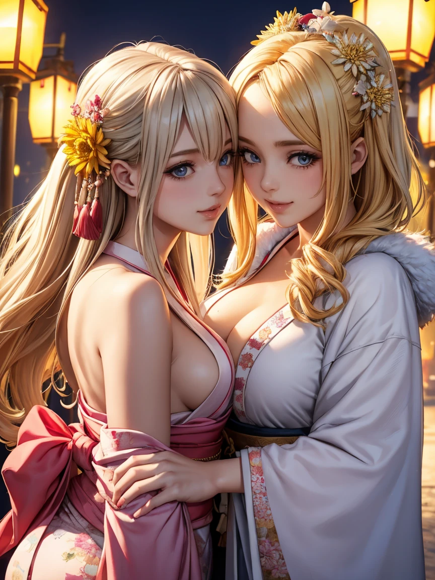 Highly detailed CG Unity 8k wallpaper, pretty girl, Mature blonde girl, Half Up,beautiful girl, Hot Maiden, Pale skin (super masterpiece, Beautiful person, well detailed face polluted smilee, Her flat chest is hidden by her kimono、Realistic, Surreal), colorful red and pink winter kimono 、Has white fur、 wearing white gloves,Japanese style hair accessories, (Light lighting)、smile,Upper Body 、Yellow chrysanthemum flower Japanese background, two girls is deeply in love with each other, kiss