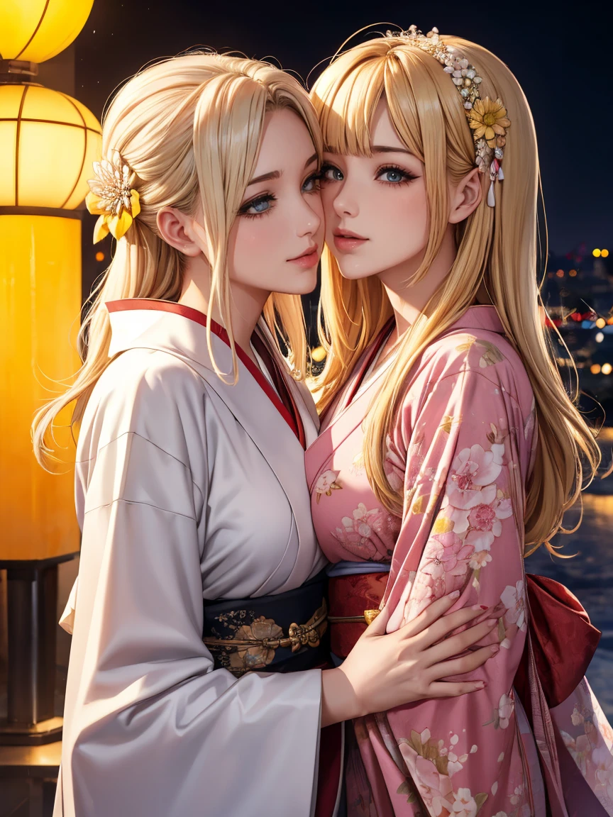 Highly detailed CG Unity 8k wallpaper, pretty girl, Mature blonde girl, Half Up,beautiful girl, Hot Maiden, Pale skin (super masterpiece, Beautiful person, well detailed face polluted smilee, Her flat chest is hidden by her kimono、Realistic, Surreal), colorful red and pink winter kimono 、Has white fur、 wearing white gloves,Japanese style hair accessories, (Light lighting)、smile,Upper Body 、Yellow chrysanthemum flower Japanese background, two girls is deeply in love with each other, kiss