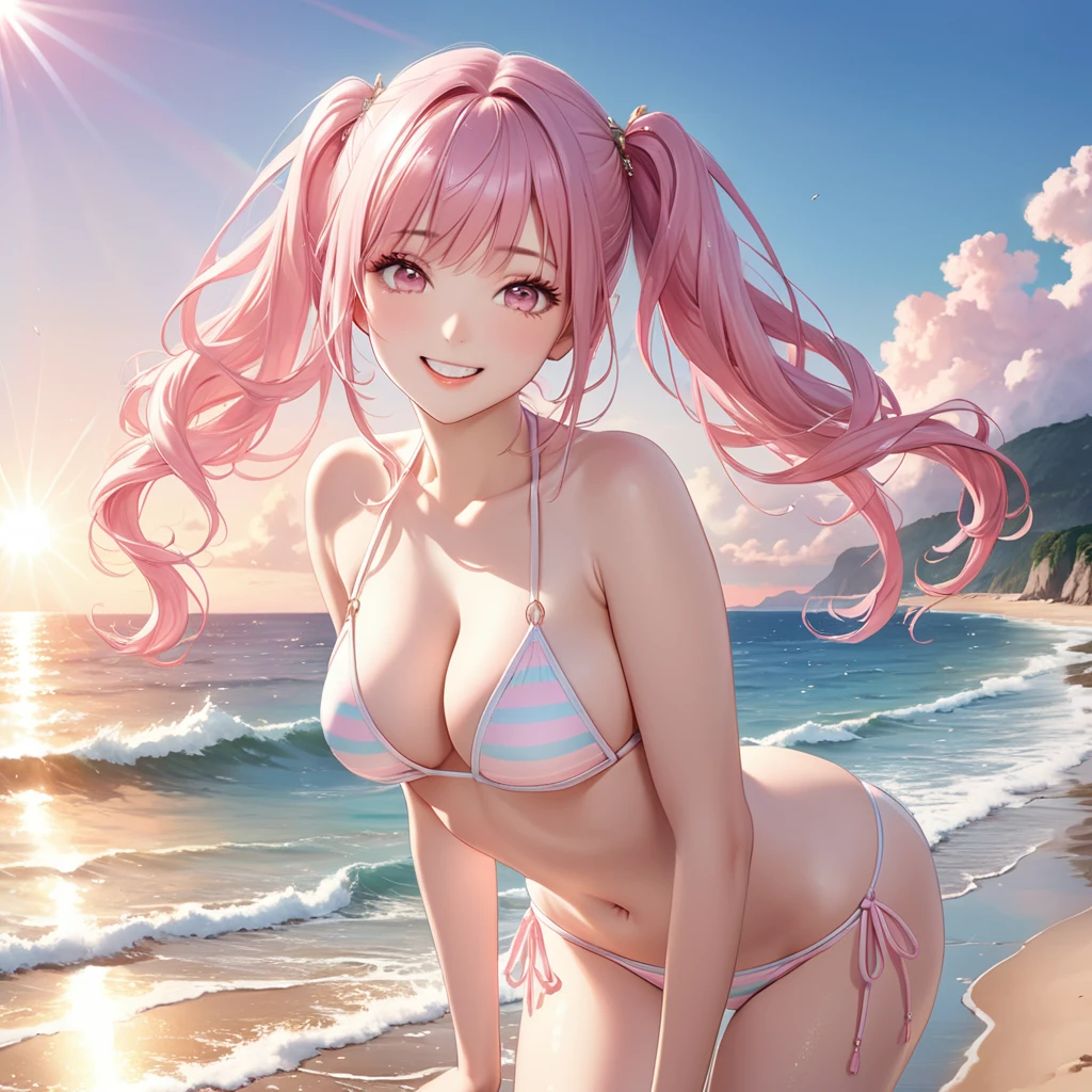 (8K, masutepiece, Best Quality, Official art, beautiful detailed, beautiful lighting, best masterpiece in history that exceeds limits), (1 Girl, Solo), (16 years old), (Beautiful detailed face), (shiny white skin), (Beautiful big bust, cleavage, tights:1.3), (Beautiful detailed pastel pink twin tails hair, Bangs:1.3), (beautiful detailed drooping pink eyes:1.5), break, (Beautiful detailed cute white and pastel pink striped micro bikini, side-tie_bikini_bottom, ribbon:1.3), (happy smile:1.2), (happy, Attractive, Look at the camera, cute pose, looking back), breathtaking scenery, (ultra detailed realistic beautiful sea, beach, sky, evening sun, light reflection:1.3),