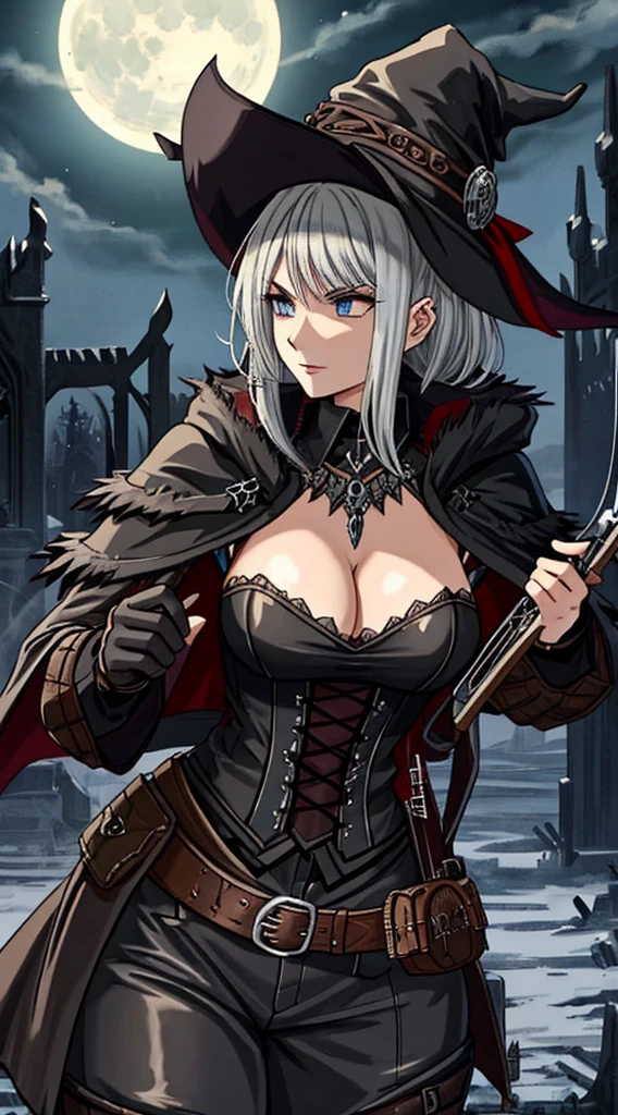 (gothic, monster hunter, holding crossbow, Van Helsing, crossbow:1.2), hat, cleavage, night, dim lighting, dark, creepy, curvy, thick, collarbone, small nipples, large breasts, detailed face, motivated light, dangerous mood, seductive mood, sexy, beckoning, inviting, dynamic, threatening, determined, fearless, ready to face the creatures of the night, dark cloak billowing, piercing eyes, silver bullets glinting, moonlit graveyard, mist swirling, intense and ominous atmosphere, gothic architecture looming