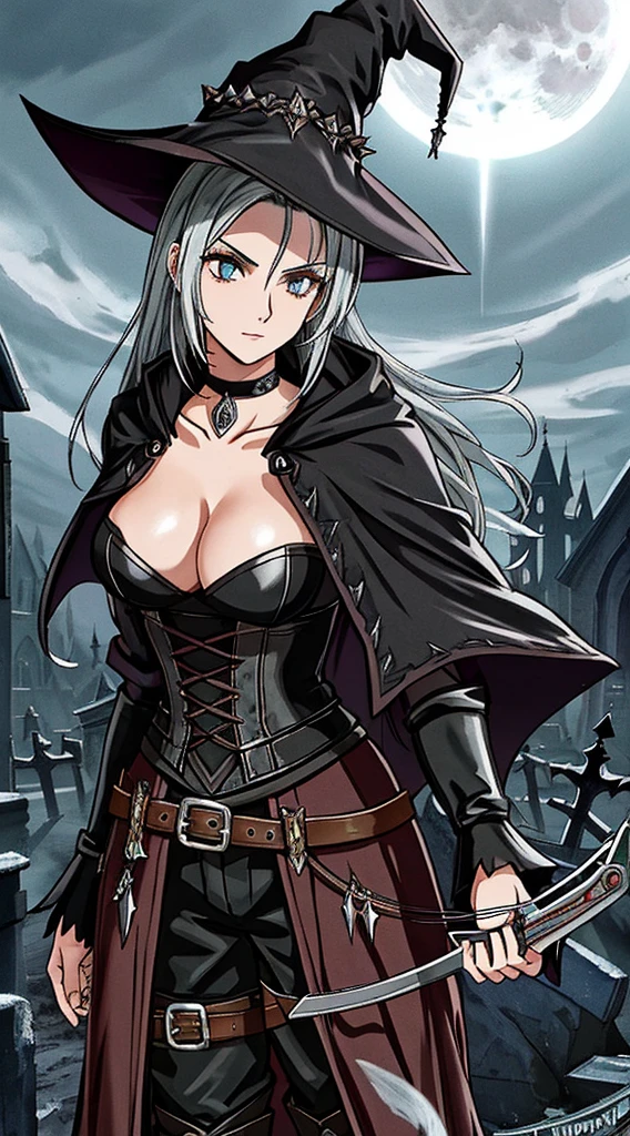 (gothic, monster hunter, holding crossbow, Van Helsing, crossbow:1.2), hat, cleavage, night, dim lighting, dark, creepy, curvy, thick, collarbone, small nipples, large breasts, detailed face, motivated light, dangerous mood, seductive mood, sexy, beckoning, inviting, dynamic, threatening, determined, fearless, ready to face the creatures of the night, dark cloak billowing, piercing eyes, silver bullets glinting, moonlit graveyard, mist swirling, intense and ominous atmosphere, gothic architecture looming