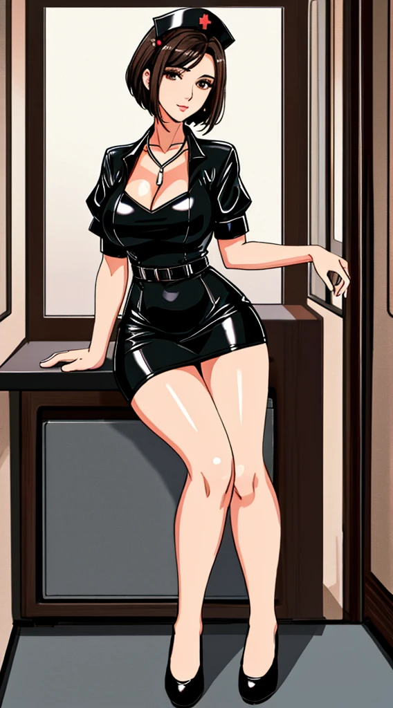 (mature woman:1.2),solo,short black hair, brown eyes, large breasts, (black latex short nurse's dress:1.1),( nurse's headdress:1.1), open neckline, sexy, (hospital room in the background:0.9), full body, ((masterpiece)), (high quality), (best quality), (detailed), hd, perfect lighting, detailed face, detailed body, full body