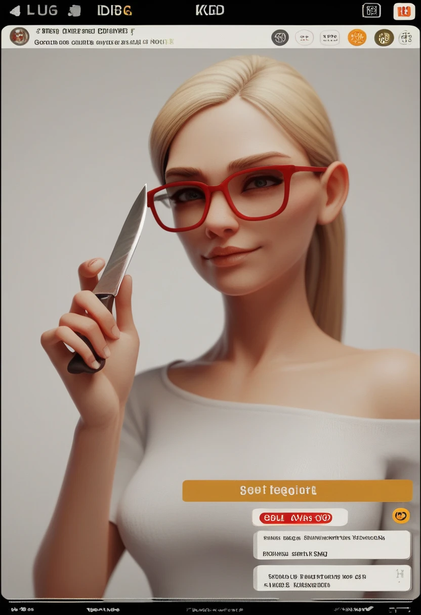 a woman with red glasses, blonde, with fork and knife in hand, telegram sticker, twitch thrill, kda, telegram sticker design, 3d animated, 3D animated.