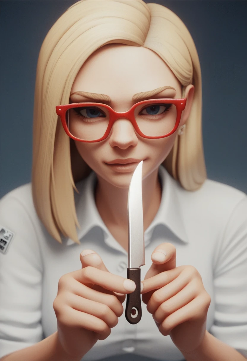 a woman with red glasses, blonde, with fork and knife in hand, telegram sticker, twitch thrill, kda, telegram sticker design, 3d animated, 3D animated.