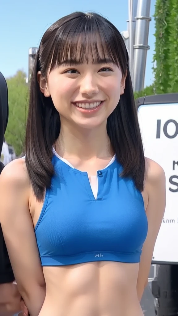 upper body, flat chest, (arms behind back:1.1), make up, sport-bra, smile, long hair
