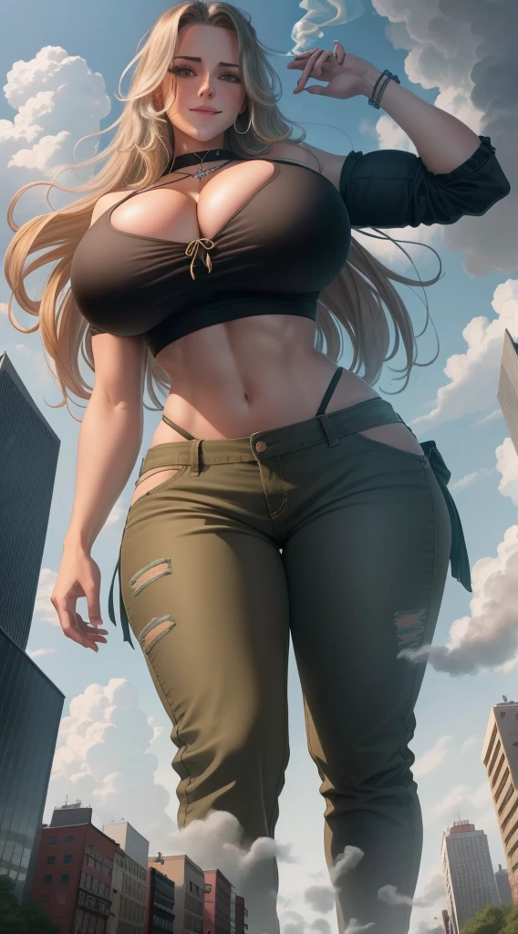 "A towering Giantess in a cool and laid-back hippie style is rocking a crop top and baggy pants. Her toned and athletic build hints at her massive strength. She seems to be casually strolling through the bustling cityscape of GTS City, as towering buildings loom overhead. Smoke and clouds roil around her, adding to the sense of epic scale and drama. The lighting is dark, gloomy, and realistic, creating a tense and ominous atmosphere. The perspective is from below, emphasizing the sheer majesty and power of the Giantess. (Gigantic breasts: 1.7), (nervously smiling)"