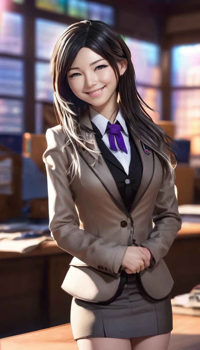 Mioda Ibuki /(Danganronpa/), bank ultra detailed, masterpiece, illustration, 8 k, masterpiece, realistic shadows, gradient, volumetric lighting, Cute, ambient lighting, cowboy shot, Colorful, beautiful detailed eyes 1 girl, One, (original outfit), smile, {office background}, formal suit
