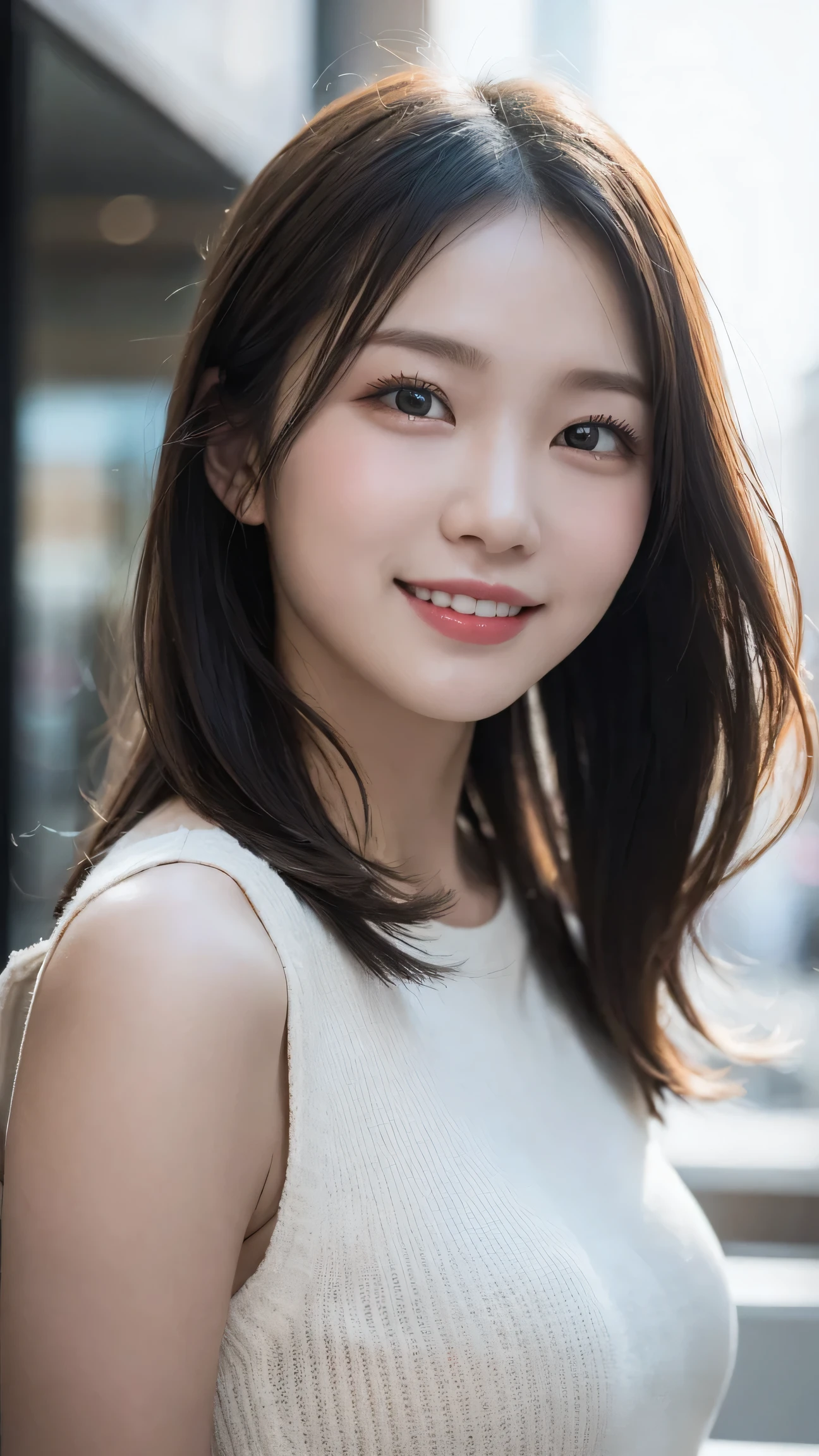 In detail, High resolution, high quality、Perfect dynamic composition, Beautiful attention to detail, Medium Hair,Natural color lip,Kamimei、Shibuya Ward、20-year-old girl、1 person、Clear Skin、Shiny Hair、Tabletop, 最high quality, figure, Super detailed, In detail, High resolution, 8K、The correct state of the human body、Random pose、Sculpture model pose,Hair dancing in the wind、Hair length,big ,Huge cleavage, Bold sexy pose,huge 、Close-up of face、smile、Smiling