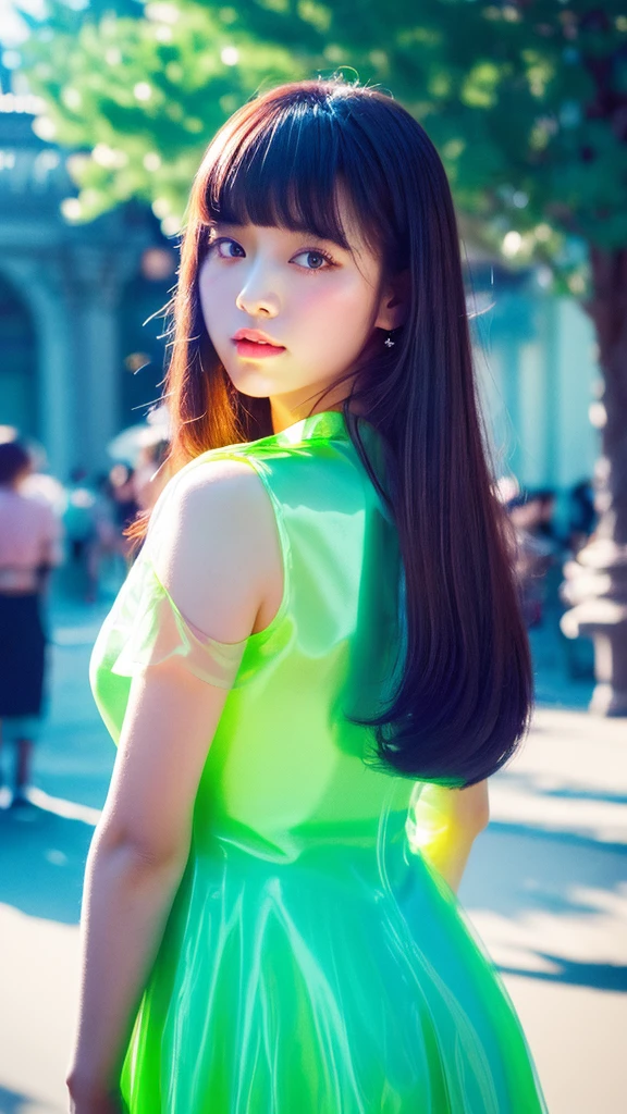 (Fluorescent Color:1.4),(translucent:1.4),(Retro filter:1.4), (fantasy:1.4), Candy World,Disneyland,Elegant and soft,Fluffy and soft,landscape,forest,snow,avatar,Light pink,Sky,green,blue,flash,Floating light,Soft Light,Whimsical light,rainbow,Star,diamond,flash宝石,background,Surreal,Ultra-high quality lighting,Unlimited details,Full HD,Sufficient lighting,side fringe, , Collared dress,One side, masterpiece, best quality,Genuine Leather,(portrait:1.5), 1 Girl, Chinese Face,Bangs, Long hair