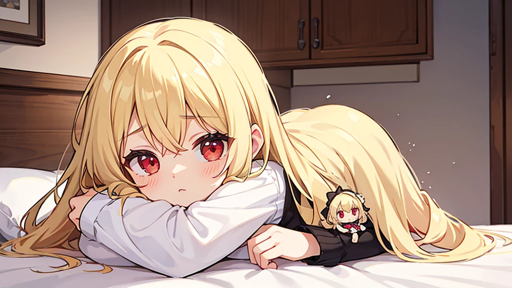 girl, bed, messy hair, (just woke up), *Rubbing my eyes), blond hair, red eyes, hugging a doll