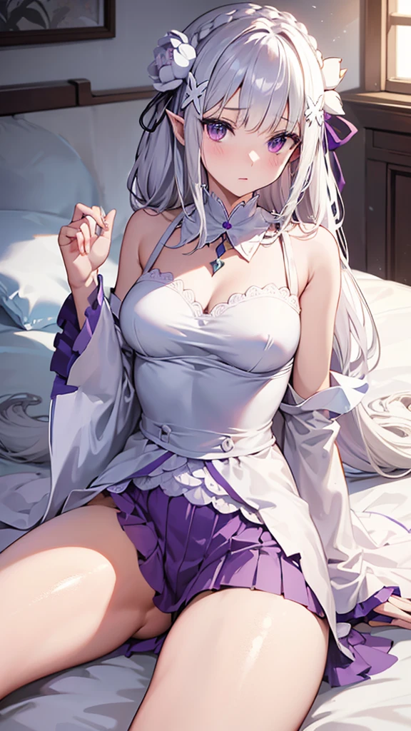 masterpiece, best quality, high resolution, best illustration, super fine illustration, (official art:0.7), (anime screencap:0.8), detailed beautiful face and eyes, anime keyvisual, (perfect anatomy:1.2), nice hands,  
1girl,
long hair, low-tied long hair, braid, crown braid, 
white hair, 
(purple eyes:1.2), (beatiful detailed eyes:1.2), 
(pointy ears:0.8), 
flower, hair flower, hair ornament, hair ribbon, white flower, x hair ornament, 
medium breasts, 
dress, pink dress, bare shoulders, detached collar, long sleeves, shoulder cutout, wide sleeves, white sleeves, 
blush, 
looking at viewer, 
cowboy shot, 
natural light, BREAK background of indoor, lie on the bed, spread legs, nsfw, 