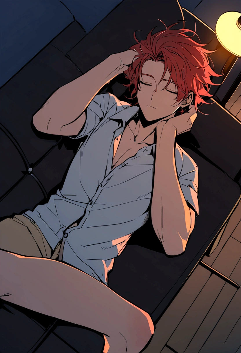 Young male, 25 years old, tall, sleeping on the couch, arm place in the head, (full body camera shot), night time, sexy pose, wearing a shirt, unbuttoned shirt, laying on the couch, messy hair, red hair, straight