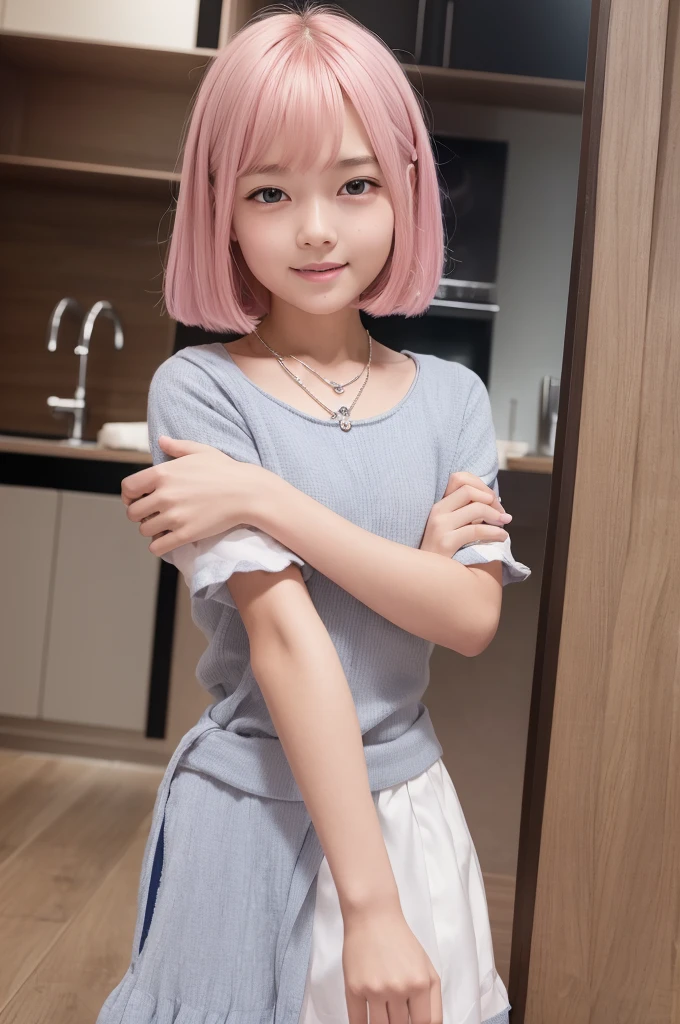 Anime style female character, pink tousled short hair, cat ears, Closed eyes, White skin, pink lace style shirt, pink flared skirt, sleeves on hands pink, cat paw necklace, Pink stockings, fluffy cat tail, Dark pink background, touching your ears