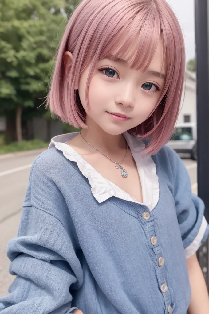 (8k high quality), (2d high quality), (high anime quality), (6 yrs old beautiful young girl), (beautiful face), (beautiful model), (shining, short pink hair), (galaxy blue eyes, almond shape eyes), (shining smooth skin), (beautiful thin eyebrow), (beautiful wristwatch), (beautiful silver necklace with heart pendant), (beautiful white school uniform), (grinning face)