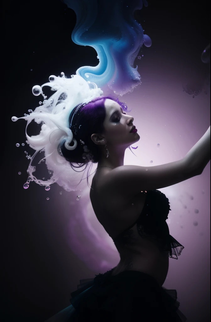 Alberto seveso art, white woman dancing sillhouette, water ink, purple ink water, black ink cloud, bubbles, alberto seveso art, loose painting style, intricate detail, cinematic lighting, octane render, 8k render, volumetric lighting