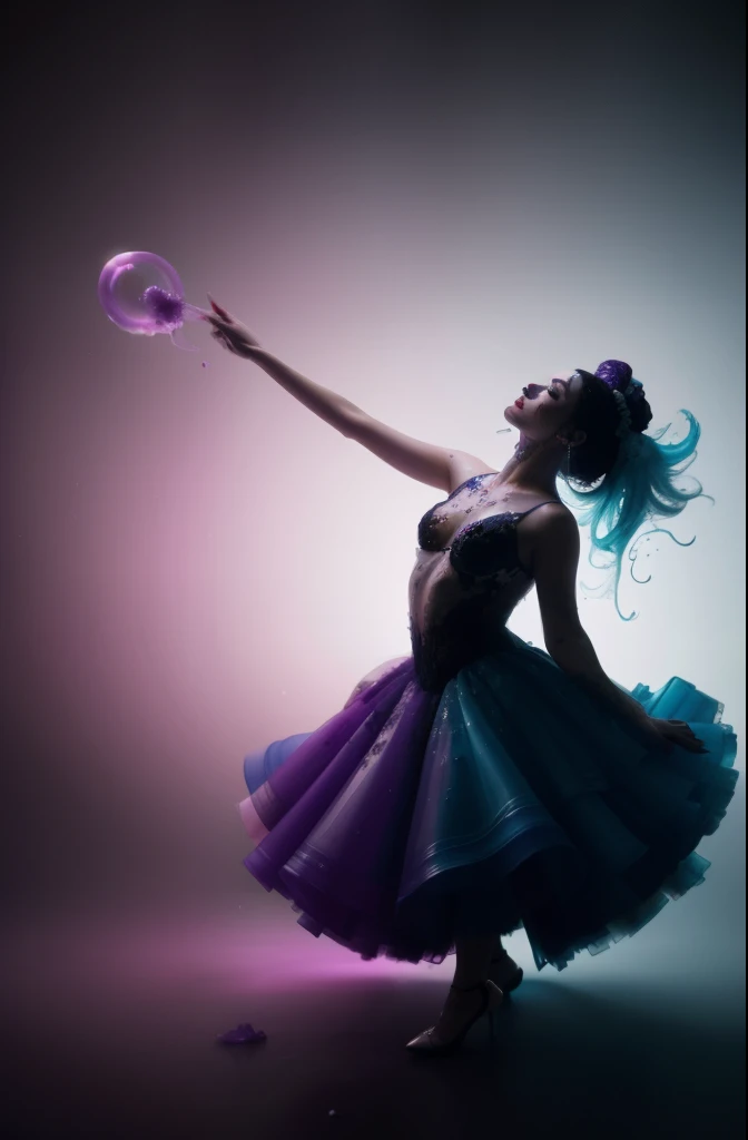 Alberto seveso art, white woman dancing sillhouette, water ink, purple ink water, black ink cloud, bubbles, alberto seveso art, loose painting style, intricate detail, cinematic lighting, octane render, 8k render, volumetric lighting