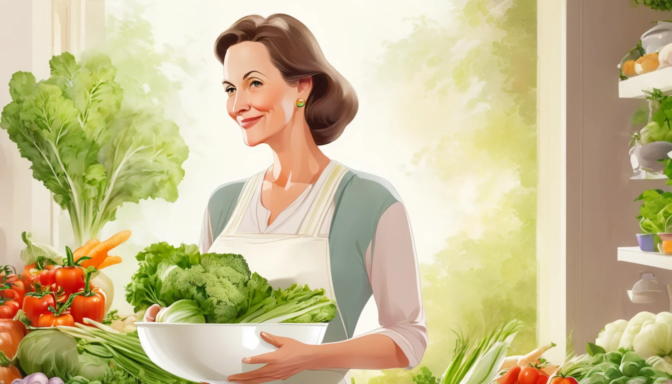 Gentle middle-aged mother，Standing posture，Slightly sideways，Holding a large white bowl of vegetables，Kind expression