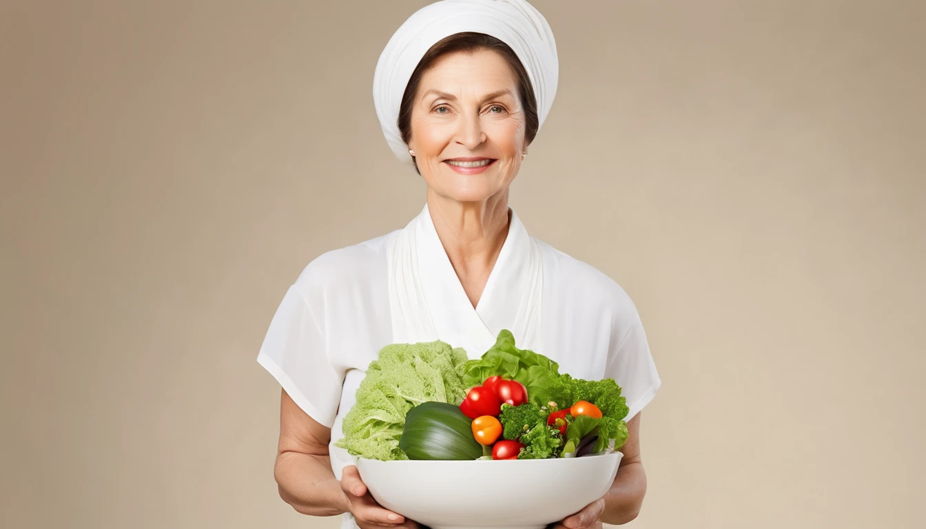 Gentle middle-aged mother,Standing posture,Slightly sideways,Holding a large white bowl of vegetables,Kind expression