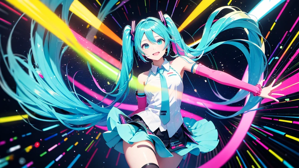 This painting depicts an active and colorful dance party scene featuring Hatsune Miku.。She was dancing in the center of the dance floor、Colorful neon lights are shining all around.。