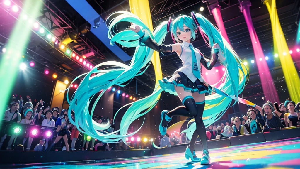 This painting depicts an active and colorful dance party scene featuring Hatsune Miku.。She was dancing in the center of the dance floor、Colorful neon lights are shining all around.。