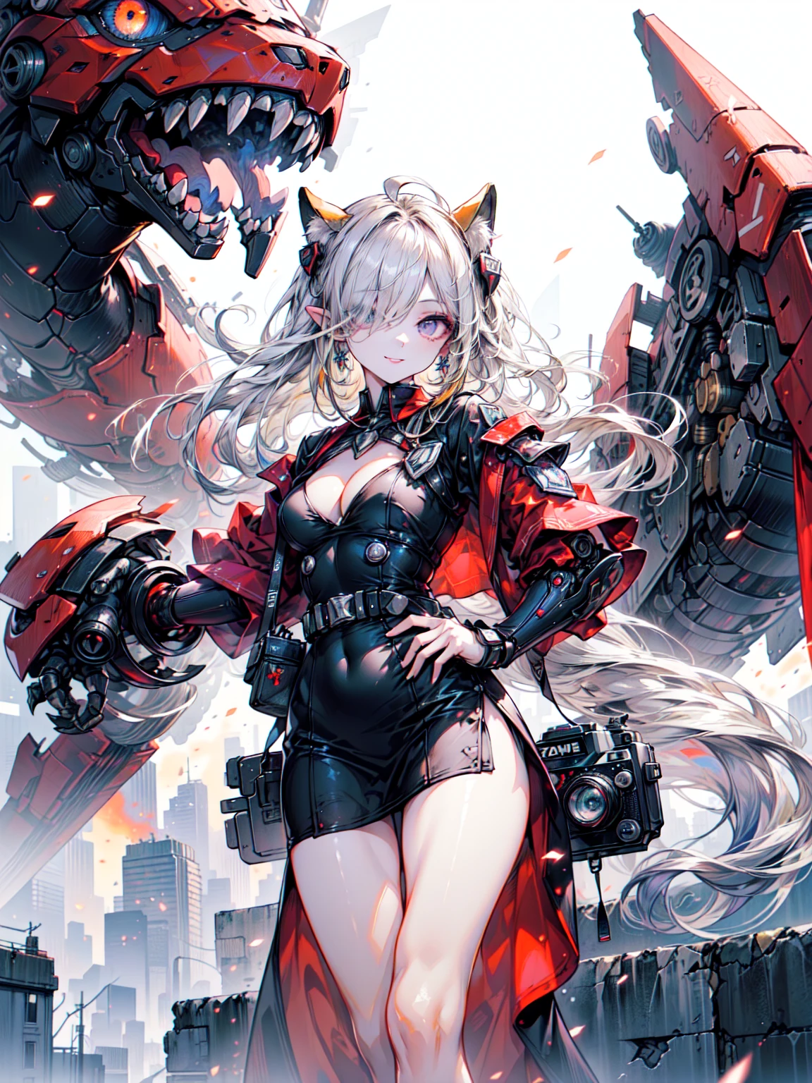 super high quality、8K quality、High resolution、Image quality captured with a single-lens reflex camera、(SFW)、Perfect Anatomy、(crimson theme）Police Mecha Girl、Beautiful girl of 20 years old with medium blonde hair.Orange eyes、(Good shape、Normal chest、Cleavage)、Cowboy Shot、3d realistic black machine parts、（Exposed thighs、skirt:1.2）(Rear mechanical unit)、Blake、(Dress formally、Female police officer:1.2)(Mechanical parts below the elbows and knees:1.3)、Blake（Perfect Anatomy:1.4）break(Incident occurs)(City where the fire occurred:1.5)、Organic Armor Cyborg、Machinery Armor、Armor Texture、Blake、(Dark Elf), (1 Girl), alone, Perfect Face, Get used to it, Ahoge, ((Long Hair:1.2)), (Hair above one eye:1.3), [[Messy Hair]], Shiny blonde white hair, Purple eyes, Variegated eyes, Colorful Hair, Shining Eyes, (eyelash, eye shadow, pink eye shadow), bright, smile, Design Art：haruhiko mikimoto, by Kawashi, By Yoshitaka Amano, Dark Skin