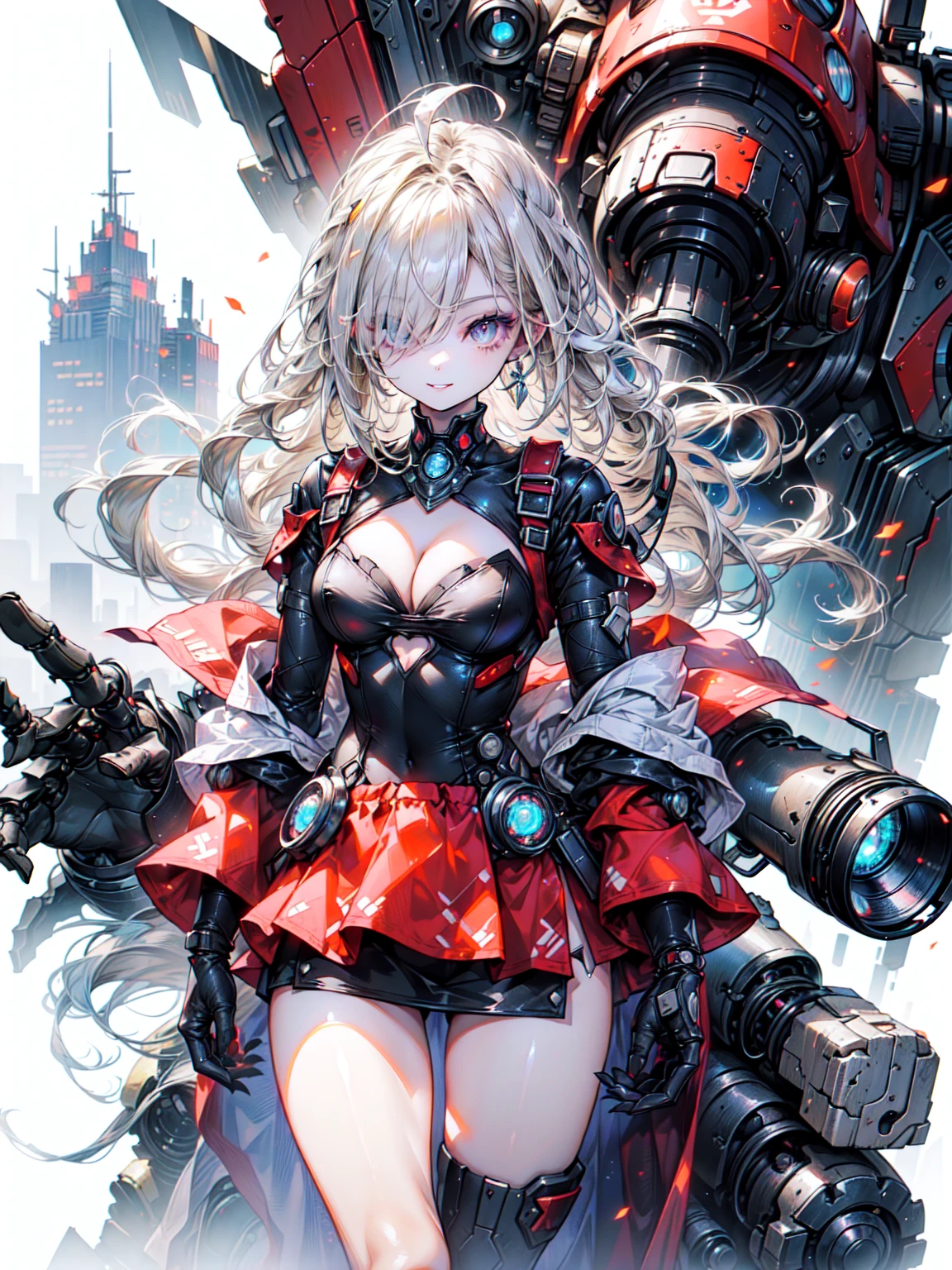 super high quality、8K quality、High resolution、Image quality captured with a single-lens reflex camera、(SFW)、Perfect Anatomy、(crimson theme）Police Mecha Girl、Beautiful girl of 20 years old with medium blonde hair.Orange eyes、(Good shape、Normal chest、Cleavage)、Cowboy Shot、3d realistic black machine parts、（Exposed thighs、skirt:1.2）(Rear mechanical unit)、Blake、(Dress formally、Female police officer:1.2)(Mechanical parts below the elbows and knees:1.3)、Blake（Perfect Anatomy:1.4）break(Incident occurs)(City where the fire occurred:1.5)、Organic Armor Cyborg、Machinery Armor、Armor Texture、Blake、(Dark Elf), (1 Girl), alone, Perfect Face, Get used to it, Ahoge, ((Long Hair:1.2)), (Hair above one eye:1.3), [[Messy Hair]], Shiny blonde white hair, Purple eyes, Variegated eyes, Colorful Hair, Shining Eyes, (eyelash, eye shadow, pink eye shadow), bright, smile, Design Art：haruhiko mikimoto, by Kawashi, By Yoshitaka Amano, Dark Skin
