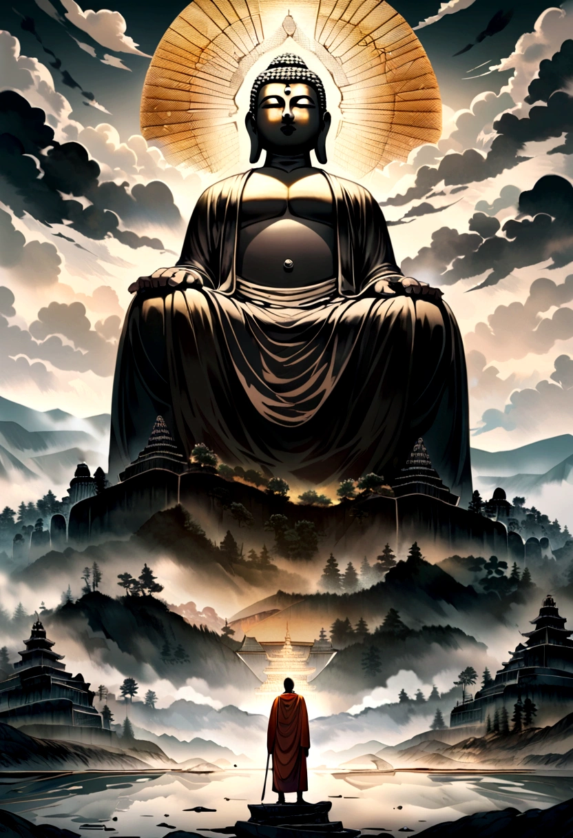 A monk stands before a majestic Buddha statue, amidst a serene and mystical landscape.