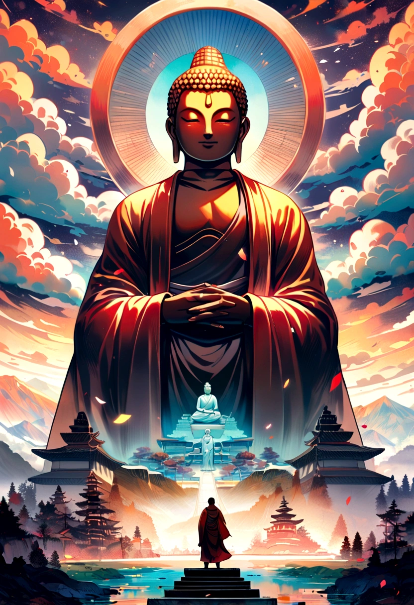 A monk stands before a majestic Buddha statue, amidst a serene and mystical landscape.