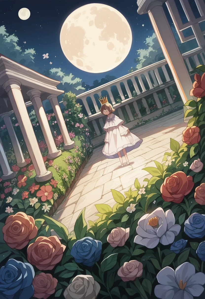 Highest quality, expensive_solve, clear_image, Detailed Background ,girl, hanbok,flower,garden,moon, night,Dutch Angle, Wide Shot, Crown,