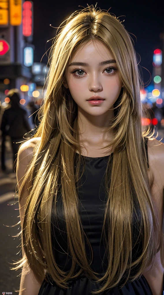 cute 22 year old,1 girl,Slim face Tokyo Street,night, cityscape,city lights, ((face close up:1.2)),((blonde straight long hair))close, 8k, RAW photo, highest quality, masterpiece,realistic, photo-realistic,