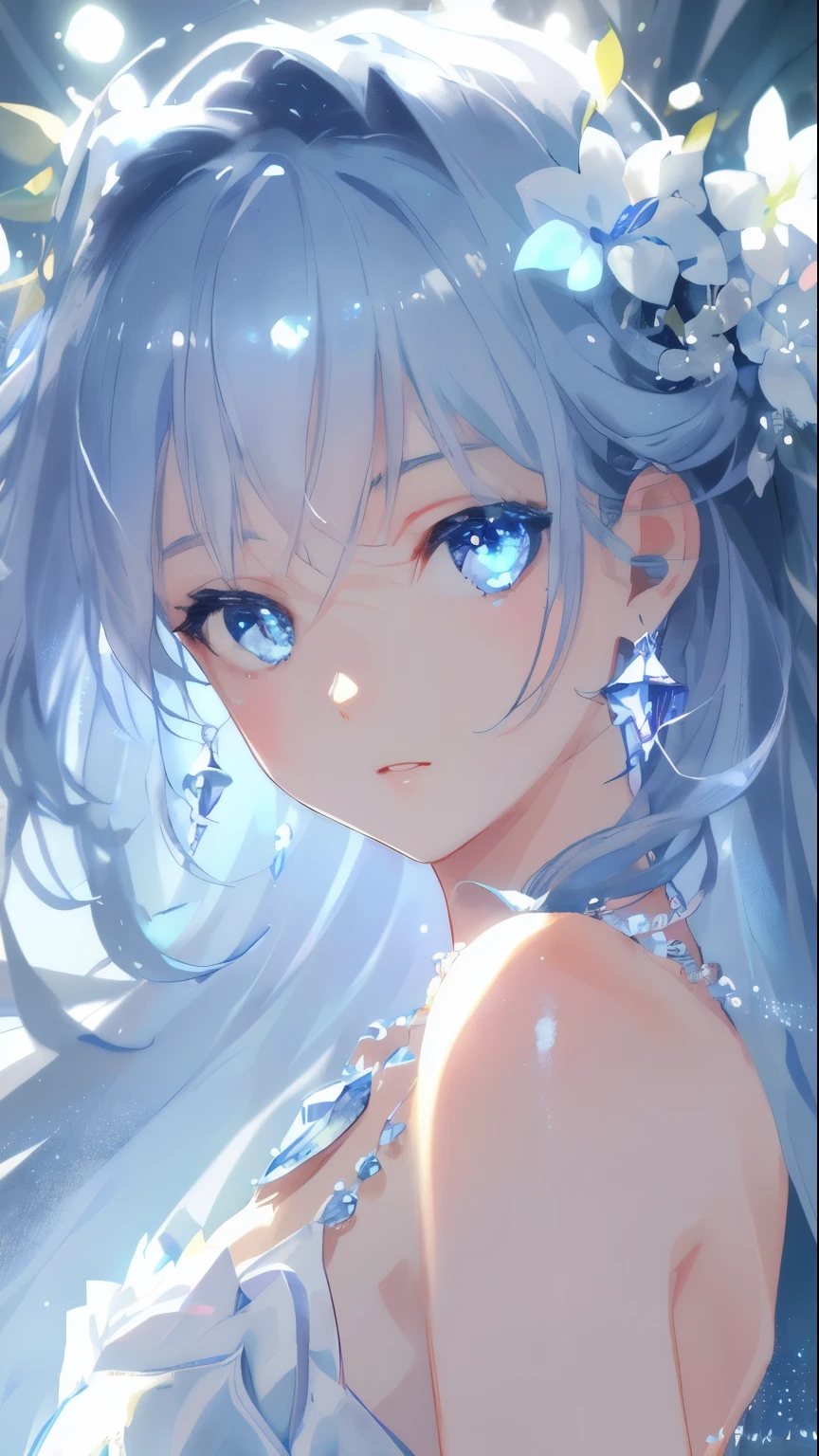 masterpiece, best quality, illustration, sax blue, platinum earrings, platinum necklace, white dress, 1girl, cute, (dynamic lighting:1.2), cinematic lighting, delicate facial features, detailed eyes, sharp pupils, realistic pupils, depth of field, bokeh, sharp focus, (hyper-detailed, bloom, glow:1.4), many small gems