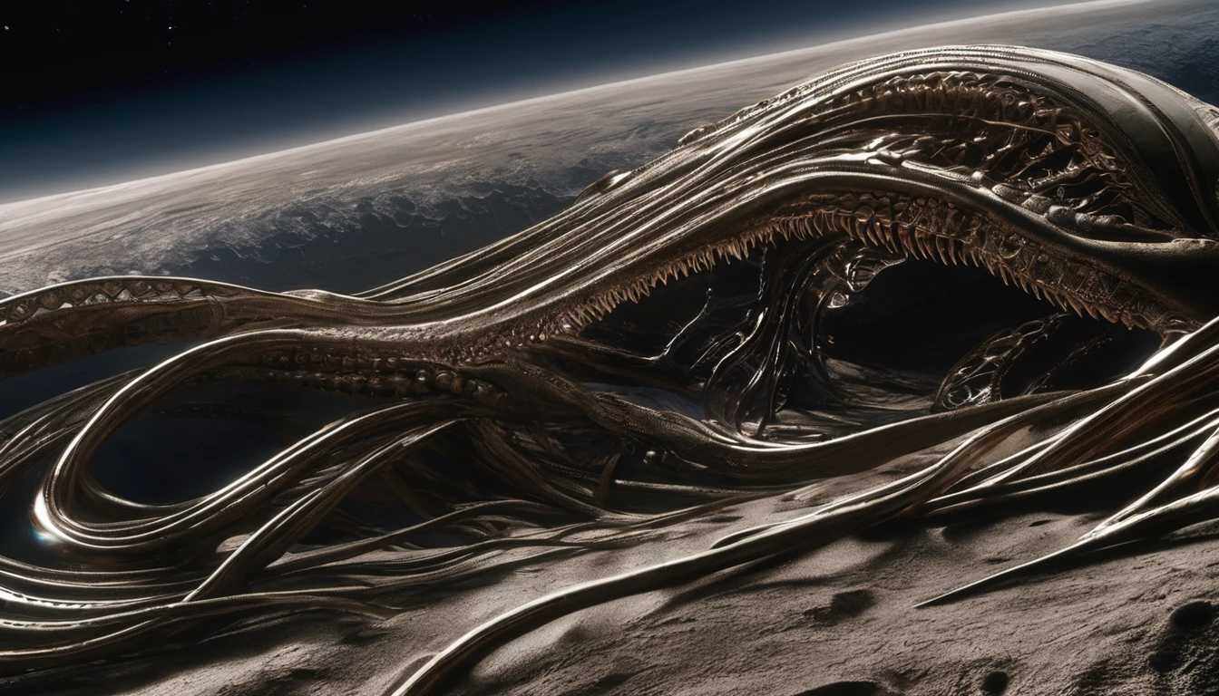 H. R. gieger planet, intricate gieger detail, movie still, nasa footage, planet with gieger detail, ridley scott film, film footage, planet with unusual surface, xenomorph planet, celestial body, anatomy, ribs, tentacles wrapped around a planet