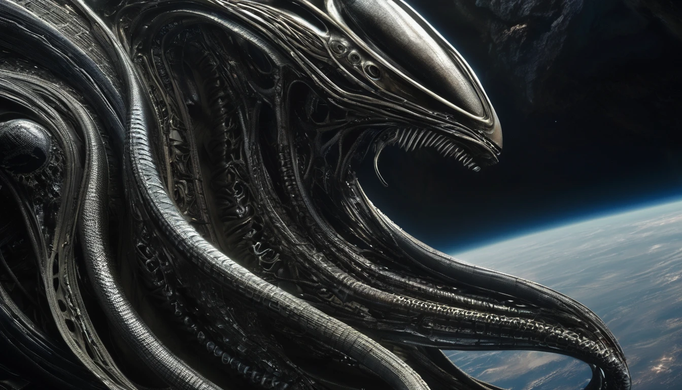 H. R. gieger planet, intricate gieger detail, movie still, nasa footage, planet with gieger detail, ridley scott film, film footage, planet with unusual surface, xenomorph planet, celestial body, anatomy, ribs, tentacles wrapped around a planet