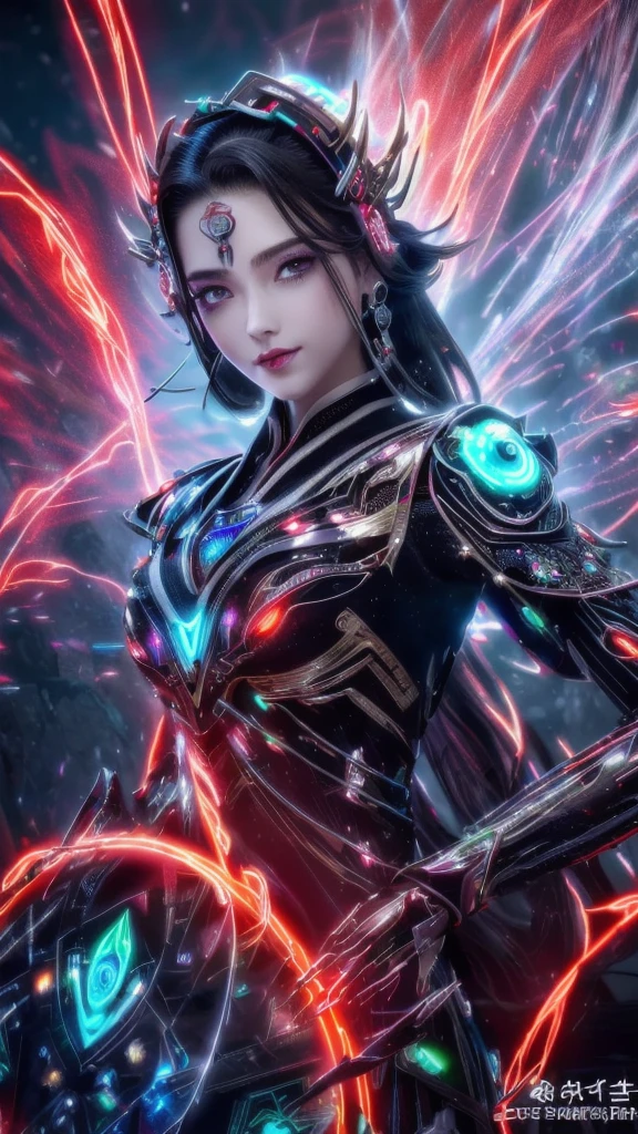 Superior quality, tmasterpiece, A high resolution, ((Photorealist: 1.4), photo RAW, - , water, rock, black and glow, red glow crystals, - 1GIRL, WOMAN, goddess warrior, hard, ultron futuristic suit, cybersuit, glow suit, glow eyes, beautiful woman, red gliiter lip, crystals