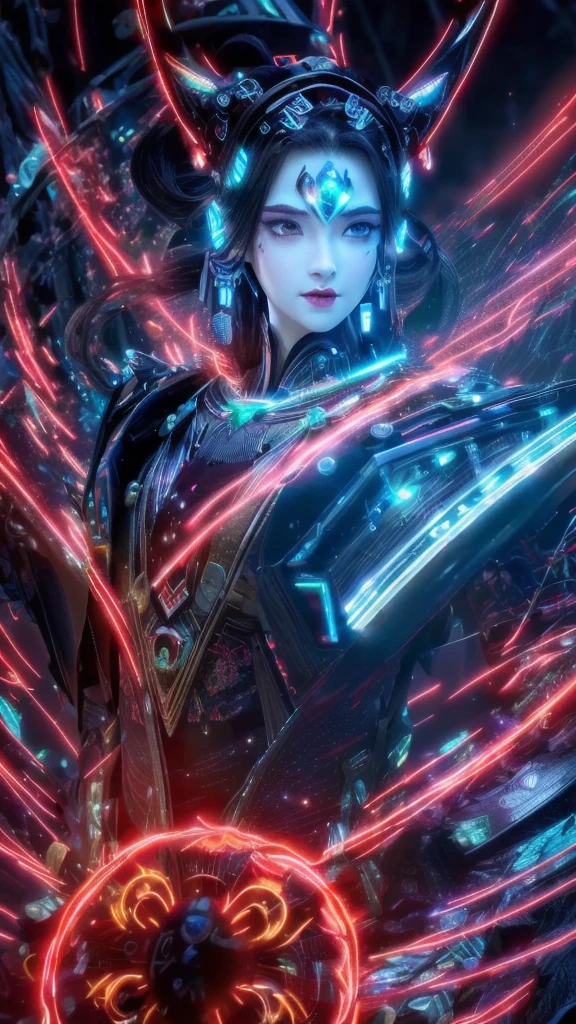 Superior quality, tmasterpiece, A high resolution, ((Photorealist: 1.4), photo RAW, - , water, rock, black and glow, red glow crystals, - 1GIRL, WOMAN, goddess warrior, hard, ultron futuristic suit, cybersuit, glow suit, glow eyes, beautiful woman, red gliiter lip, crystals