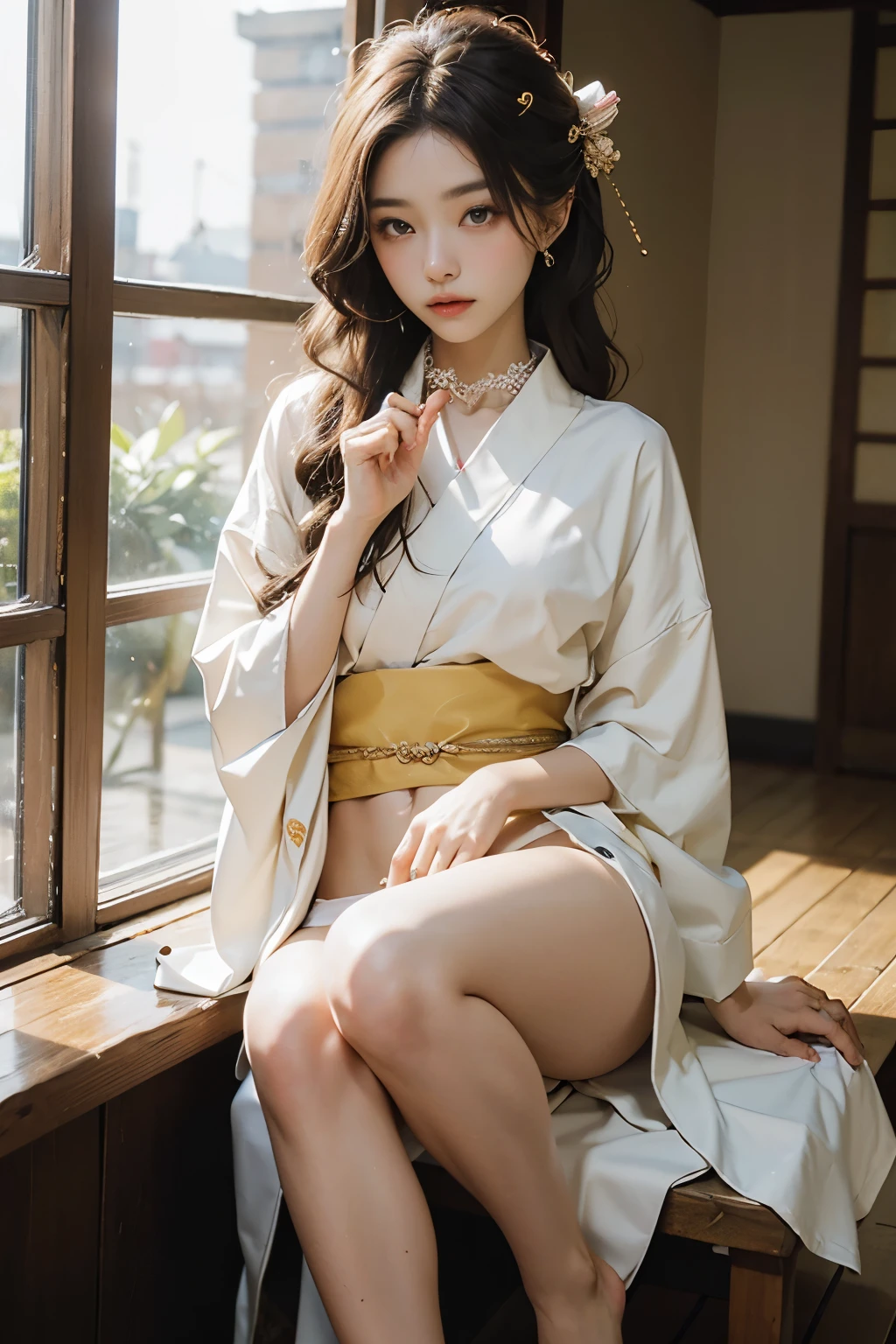 meticulous portrayal of face,1 noblewoman,(Hairpins),(Camellia kimono),(Long flowing colored hair),Simple and elegant Japanese clothing,Collar, the perfect face,Perfect Finger, perfect eyes,Extremely normal body,Ancient Japanese town background,Perfect background,Beautiful looks,Clear Eyes,Leanness,Bare feet and wooden clogs,The intelligent sparkle in his eyes,Barefoot indoors,If outdoors, wear geta,A pure and beautiful girl,Kimono underwear,Thin undergarments,No underwear rule,Are thin,Thin legs,thin thighs,the waist is very thin,Small breasts,Flat Bust,Small butt,Thin and small hips,The lower body is thin,Anatomically correct hand,Anatomically correct fingers,Anatomically correct feet,Beautiful leg style,Beautiful legs stretched out,Artistically beautiful nipples,