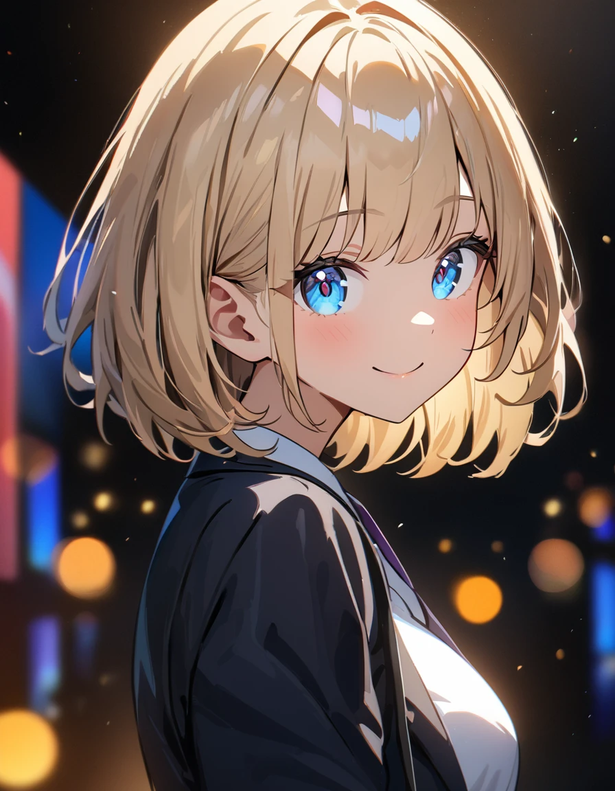 (((One girl))), blond hair, bob cut, (upper body), (looking at viewer), breasts, ager, head tilt:1.3, (((blue eye))), (from side), ((happy smile)), white shirt, blazer, black skirt, anime style, (best quality, 4k, 8k, highres, masterpiece:1.2, ultra-detailed, ultra-detailed eyes, HDR, UHD, studio lighting, ultra-fine painting, sharp focus, physically-based rendering, extreme detail description, professional, vivid colors, bokeh)