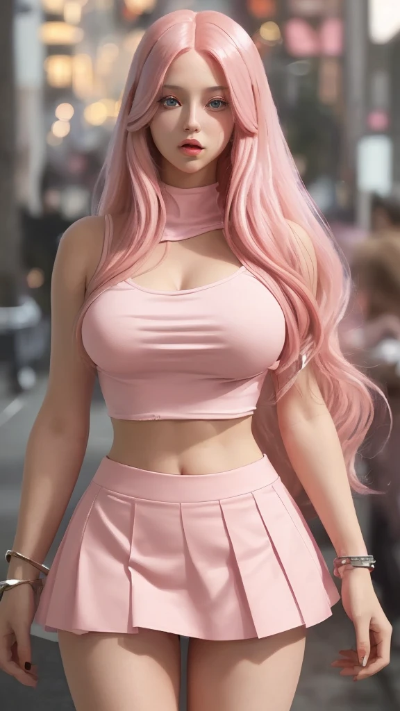 (best quality,4k,8k,highres,masterpiece:1.2),ultra-detailed,(realistic,photorealistic,photo-realistic:1.37),Asian girl,pink hair,deep green eyes,beautiful detailed eyes,long eyelashes,black pants,white top,tattoo of rabbits on arm,high-heeled boots,vivid colors,physically-based rendering,portrait