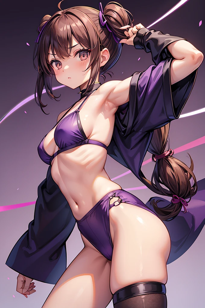 Female ninjas in their late teens, dark brown eyes, chestnut hair with twin tails with rings, C cup breasts, purple mini kimonos have no sleeves and fits perfectly on the skin, both There is a short slit on the side, the shoulders are exposed, armpits, and side milk. , Purple tabi with white string,