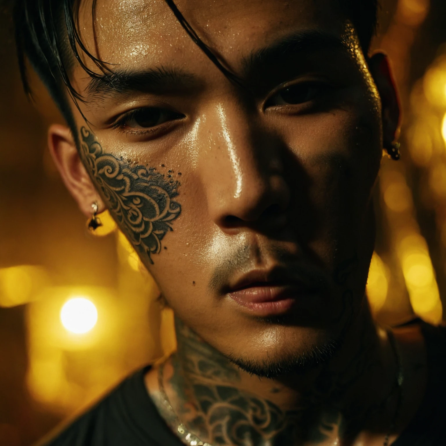 close-up face shots; a handsome young Thai man with detailed tattoo on face, wearing a trousers with a face full of sweat, the atmosphere in the room is dark, dim yellow lights, focus on face, UHD 1536px, high quality cinematic photo