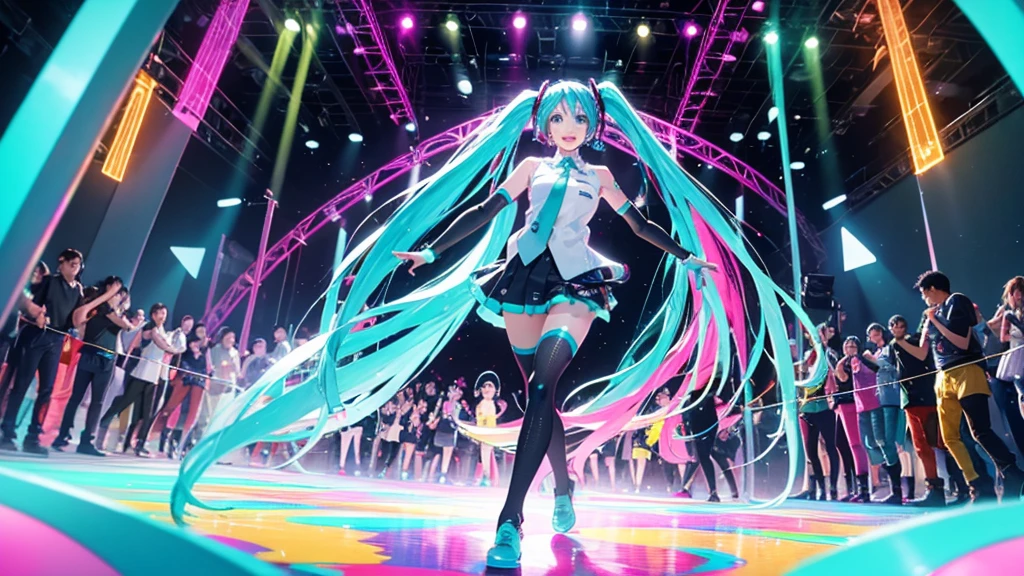 This painting depicts an active and colorful dance party scene featuring Hatsune Miku.。She was dancing in the center of the dance floor、Colorful neon lights are shining all around.。