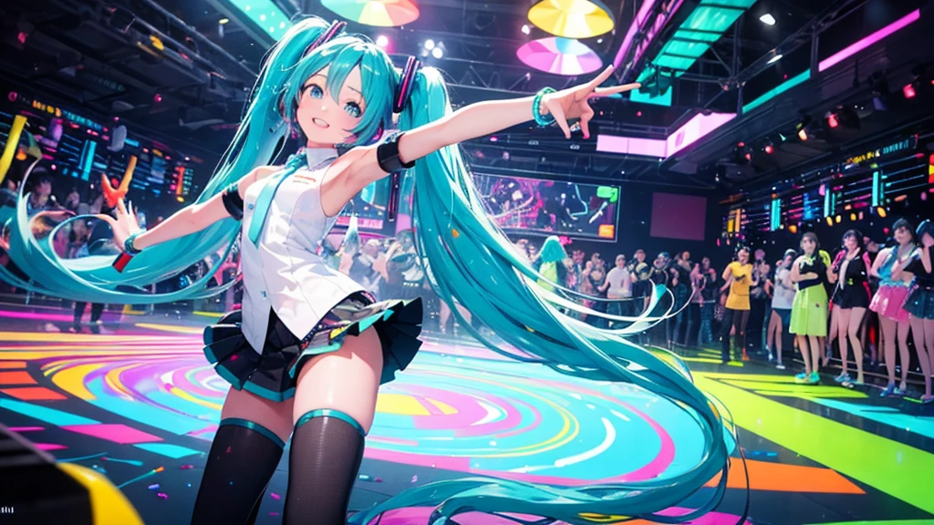 This painting depicts an active and colorful dance party scene featuring Hatsune Miku.。She was dancing in the center of the dance floor、Colorful neon lights are shining all around.。