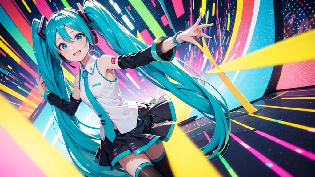 This painting depicts an active and colorful dance party scene featuring Hatsune Miku.。She was dancing in the center of the dance floor、Colorful neon lights are shining all around.。